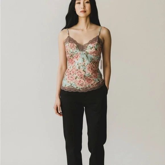 Gold Hawk 100% silk top floral print, Tiffany frappe lace sleeveless Cami M - Picture 1 of 7